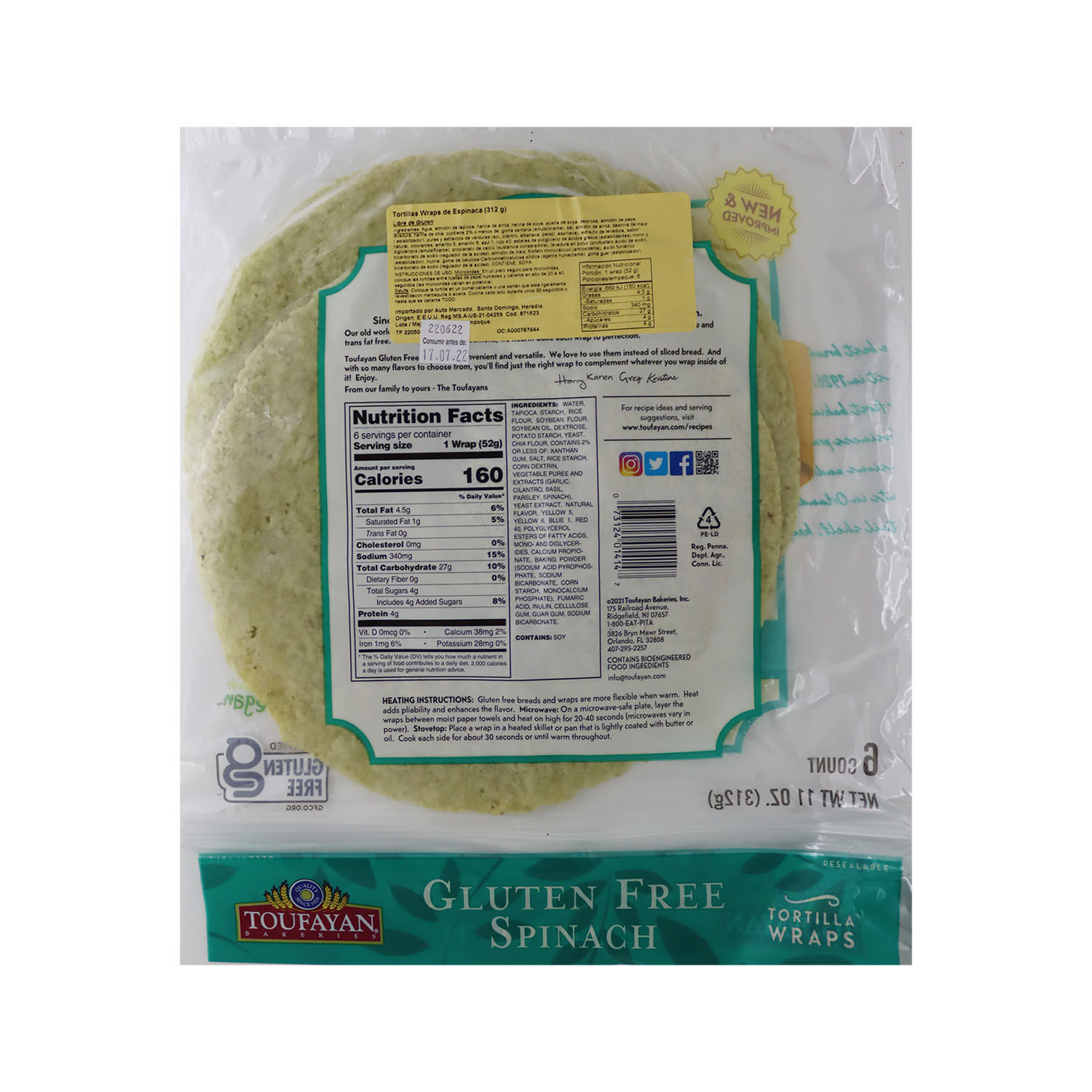 Tortillas Wraps Espinaca Sin Gluten Toufayan Paquete 312 G