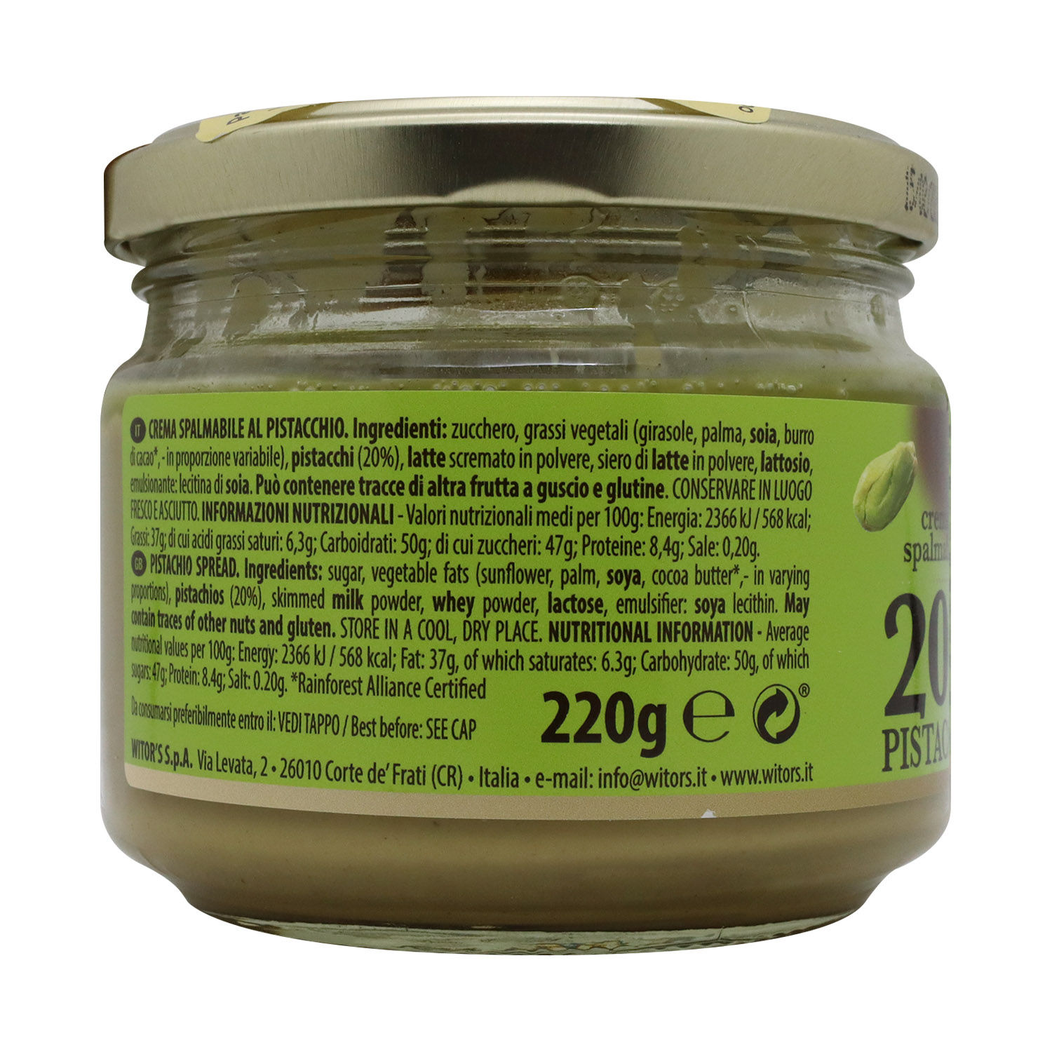 Mantequilla Chocolate Pistacho Witors Frasco 220 G