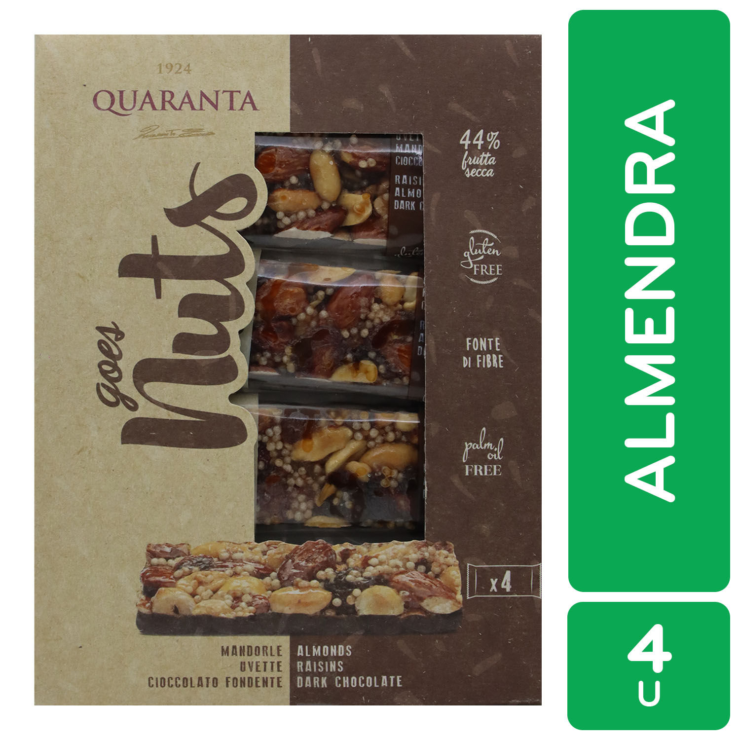 Barra Almendra Pasa Chocolate Oscuro Quaranta Caja 120 G