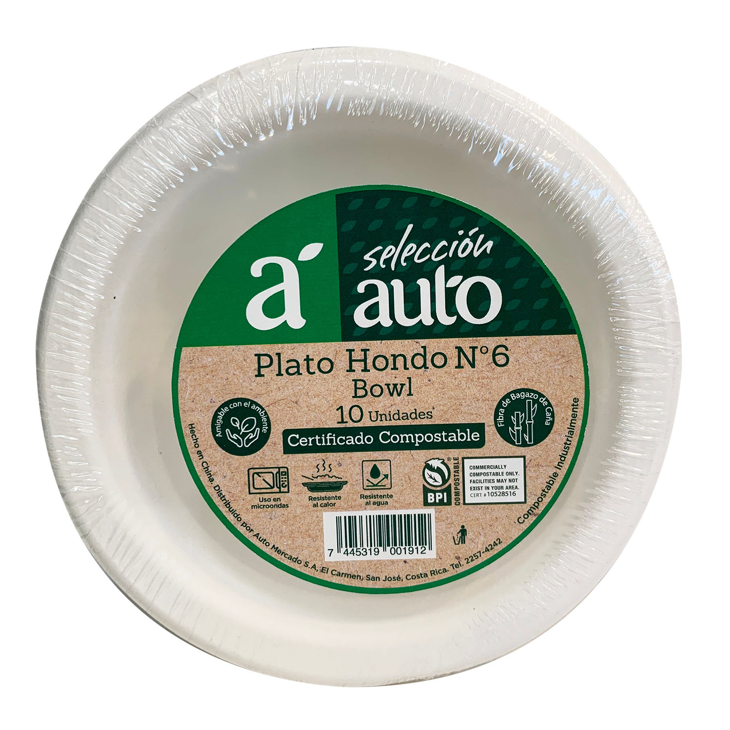 Plato Hondo Bagazo #6 Compostable Selección Auto Paquete 10 Unid