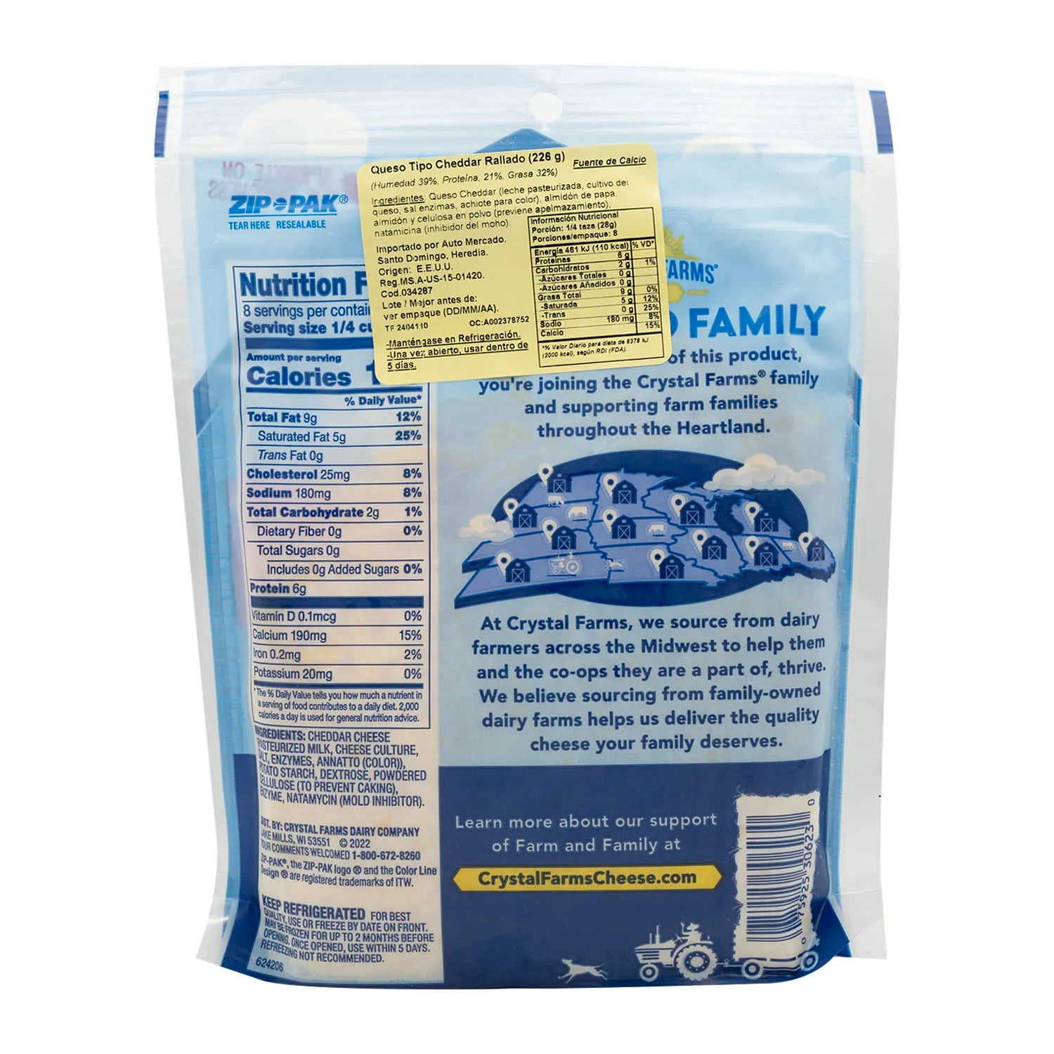 Queso Cheddar Sharp Rallado Crystal Farms Paquete 225 G