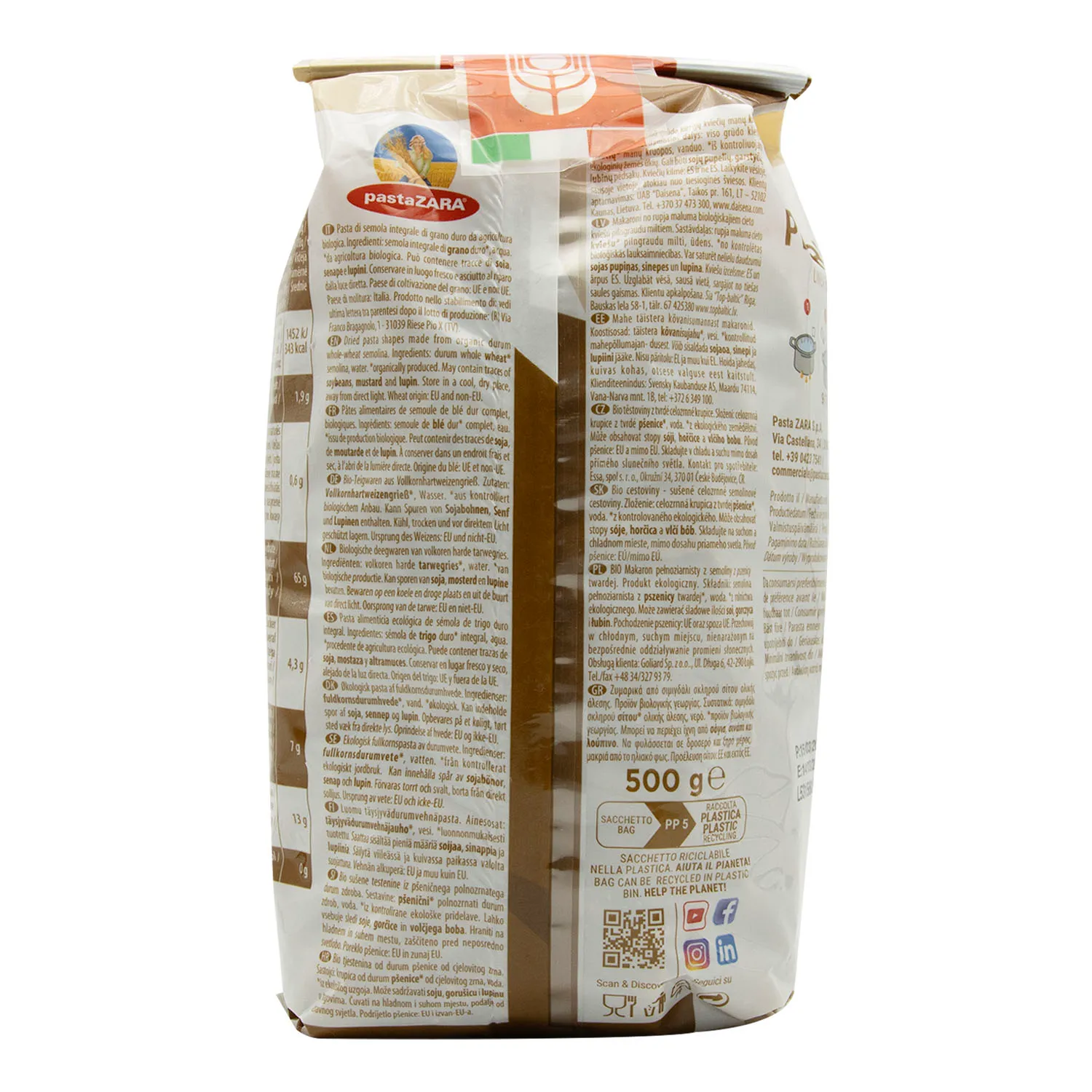 Pasta Alimenticia Pluma Integral Pasta Zara Paquete 500 G