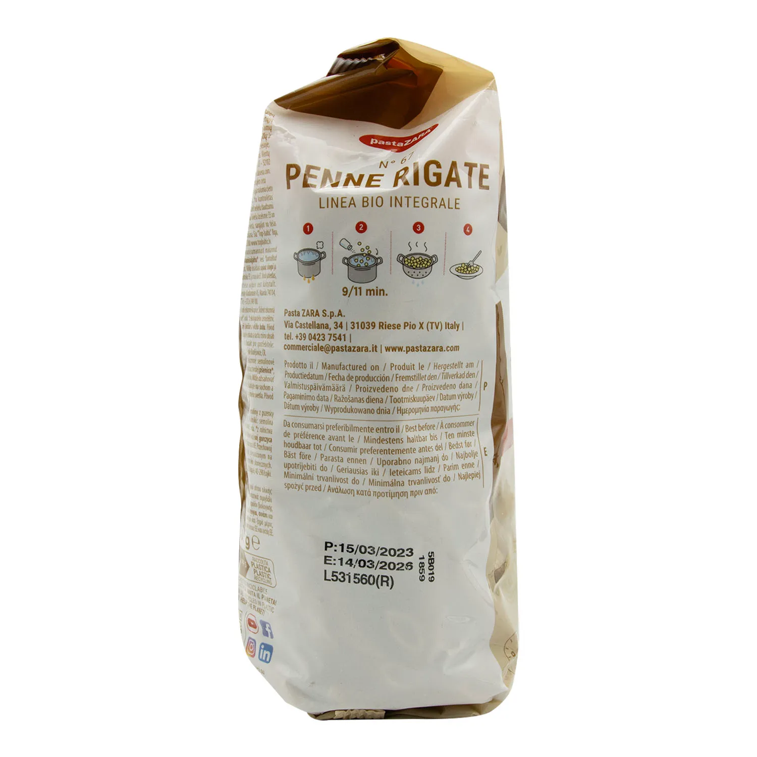 Pasta Alimenticia Pluma Integral Pasta Zara Paquete 500 G