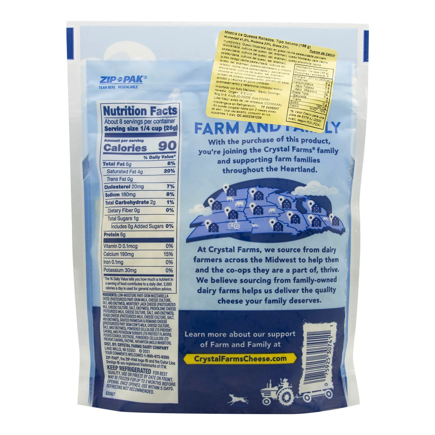 Queso Italiano Rallado Crystal Farms Paquete 226 G
