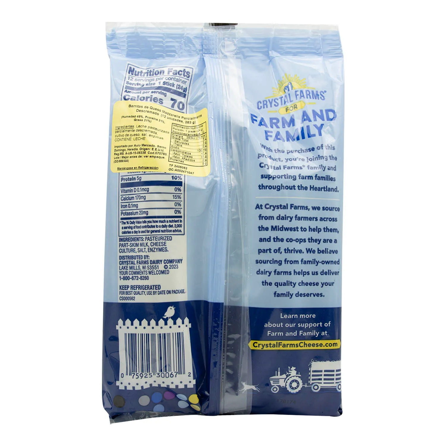 Queso Mozzarella Barras Crystal Farms Paquete 283 G