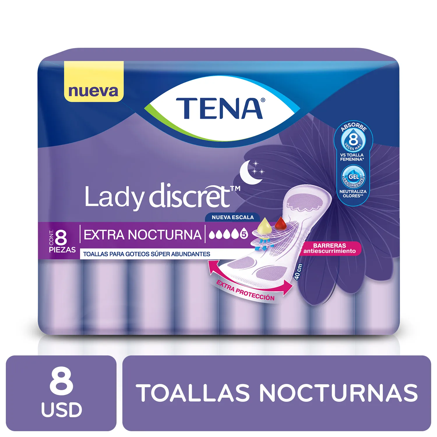 Toalla Femenina Regular Nocturno Tena Paquete 8 Unid