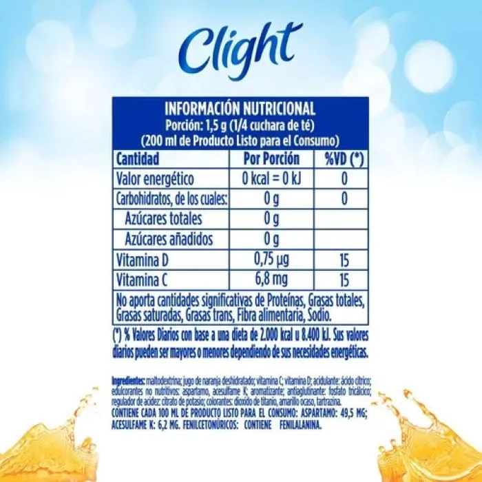 Bebida En Polvo Clight  Sin Calorías Sabor Naranja Sobre 14g