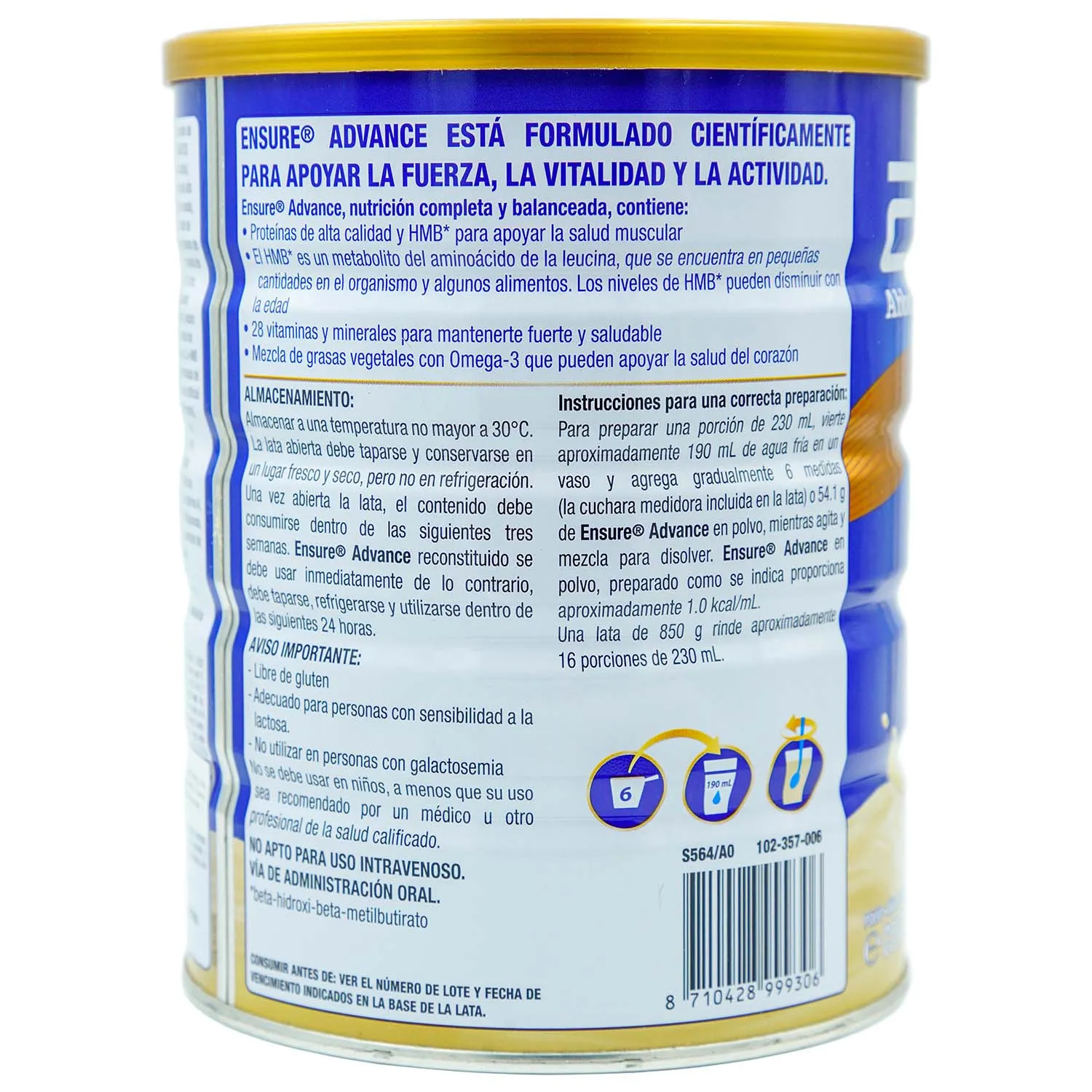 Complemento Polvo Alimenticio Vainilla Ensure Lata 850 G