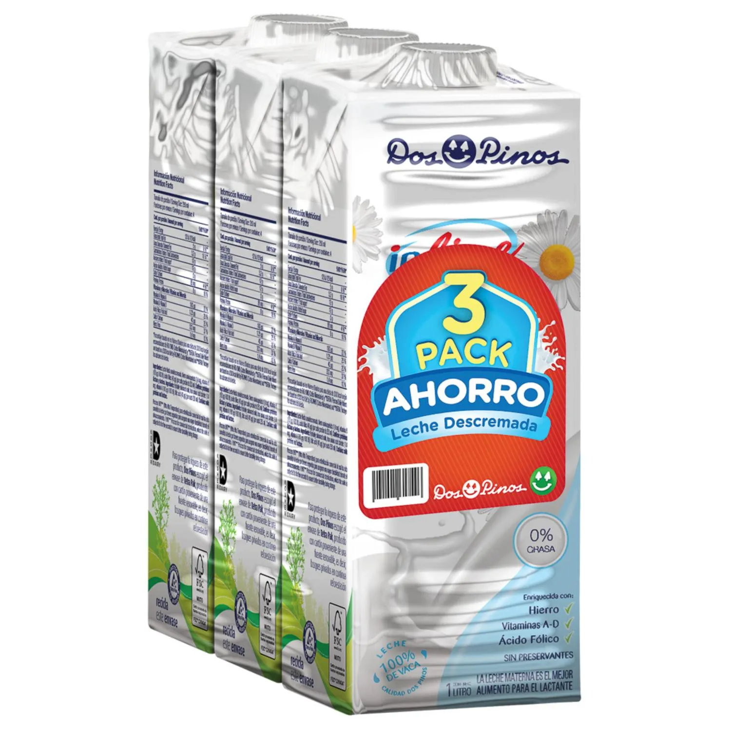 Leche 0% Grasa Descremada 3u Dos Pinos Paquete 3000 Ml