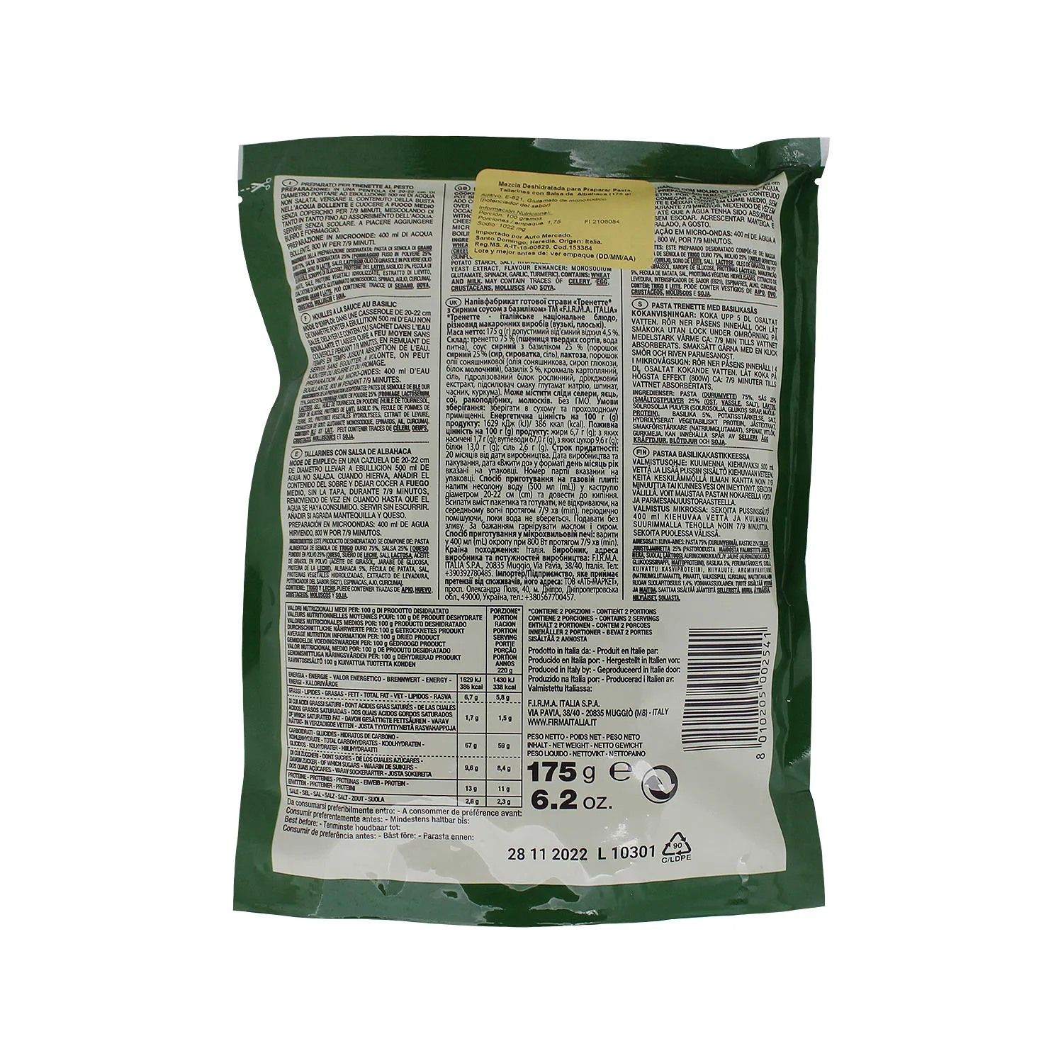 Pasta Alimenticia Spaguetti Pesto Firma Italia Paquete 175 G