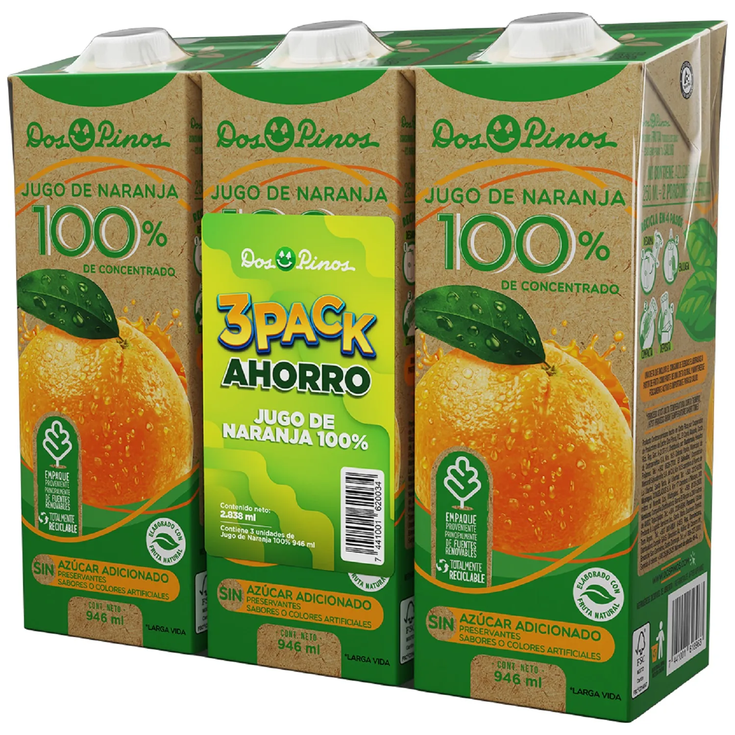 Bebida Jugo Naranja 100% Concentrado Dos Pinos 3pack Paquete 2.838 Ml