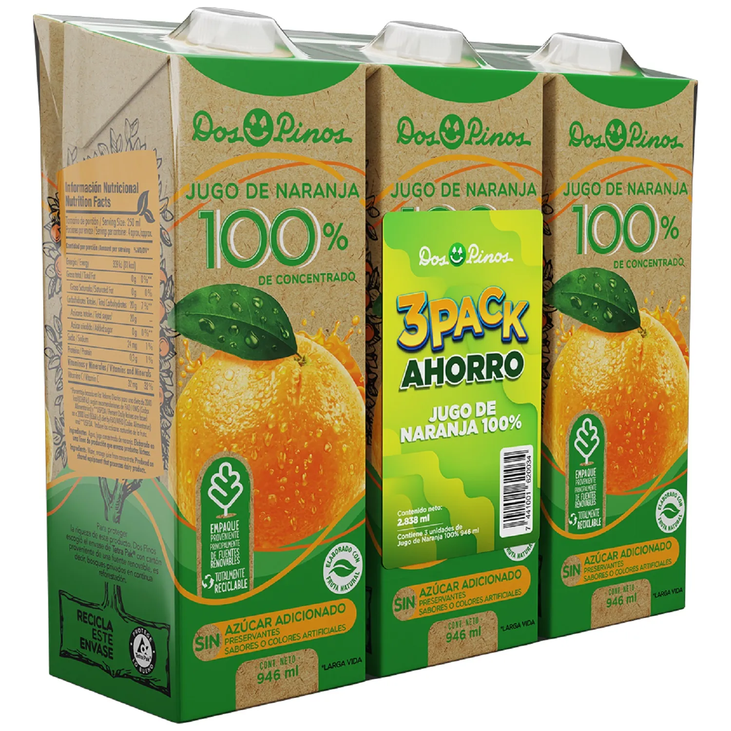 Bebida Jugo Naranja 100% Concentrado Dos Pinos 3pack Paquete 2.838 Ml