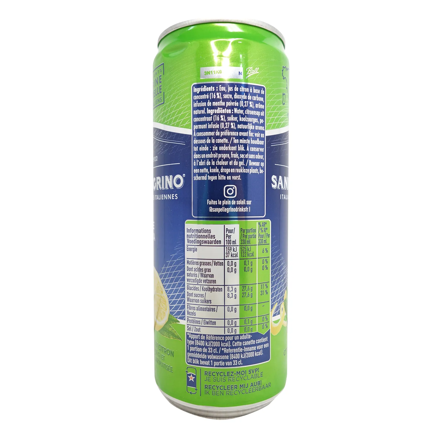Agua Gasificada Saborizada Limón San Pellegrino Lata 330 Ml