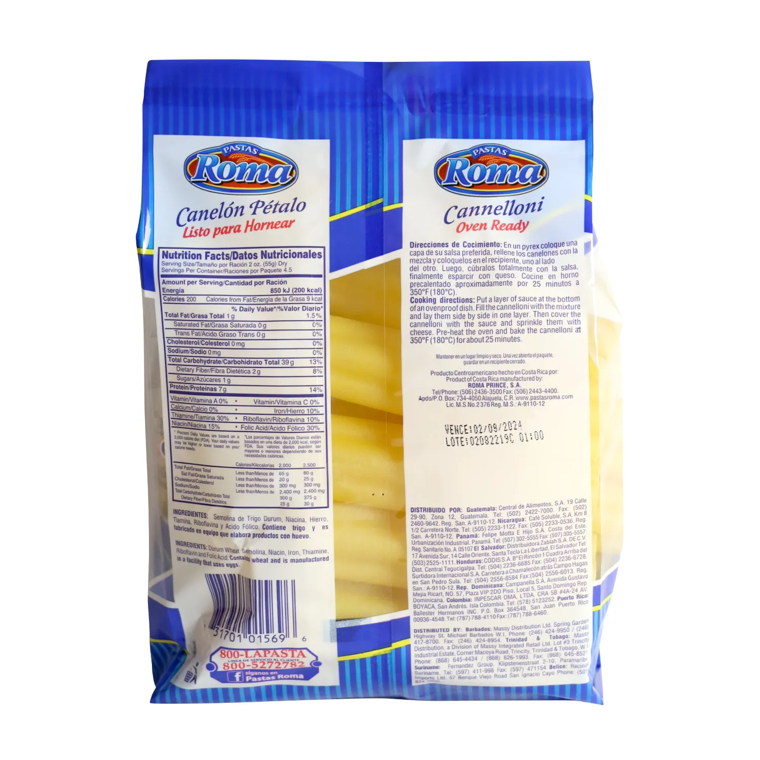 Pasta Alimenticia Canelon Petalo Roma Paquete 250 G