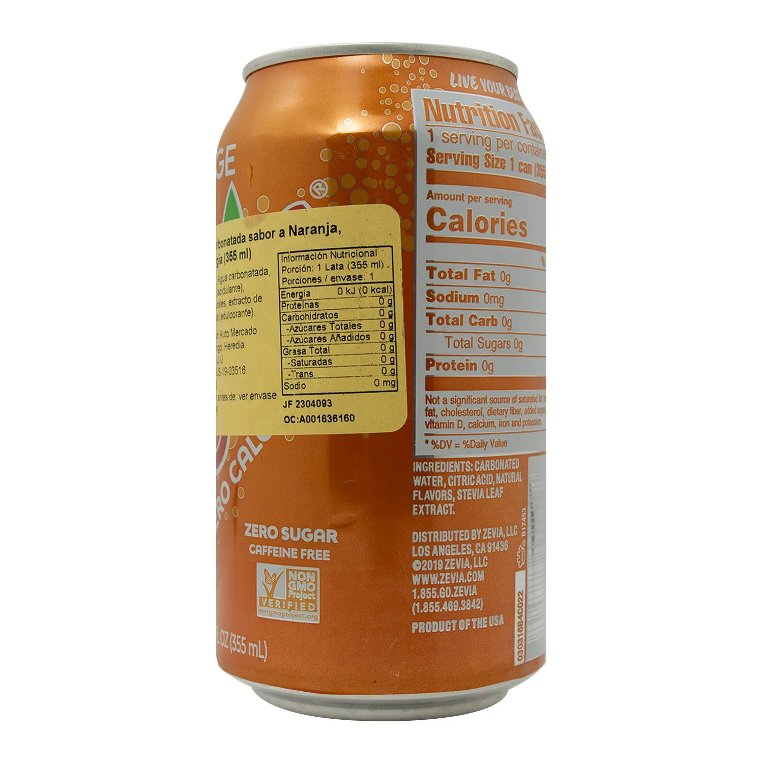 Bebida Gaseosa Zero Sabor Naranja Zevia Lata 355 Ml