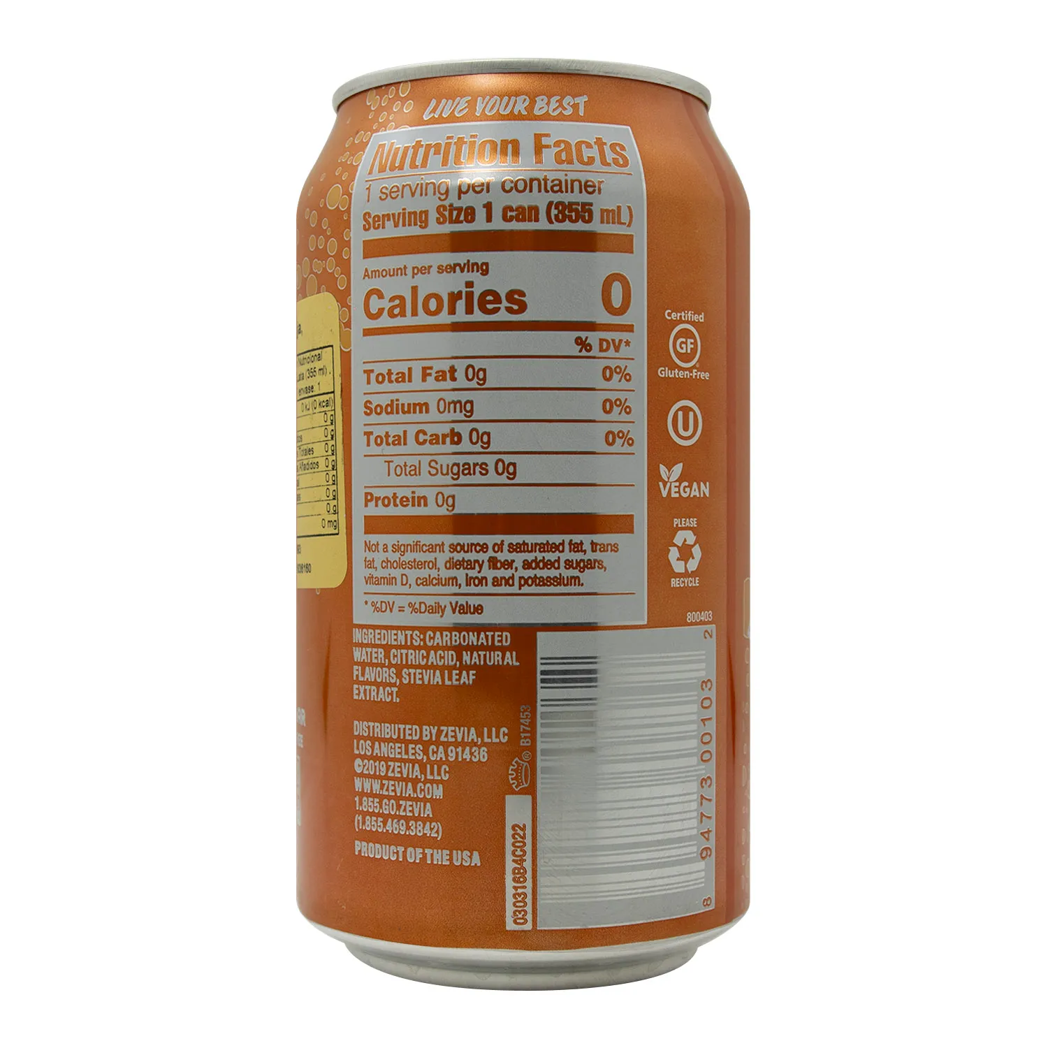 Bebida Gaseosa Zero Sabor Naranja Zevia Lata 355 Ml