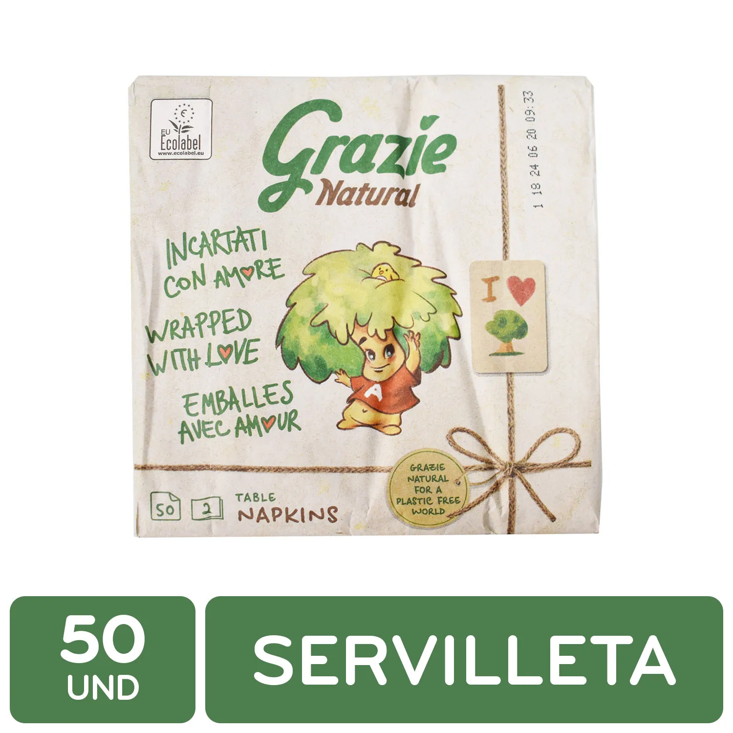 Servilleta Papel Lisa Cuadrada 100% Reciclada Grazie Paquete 50 Unid