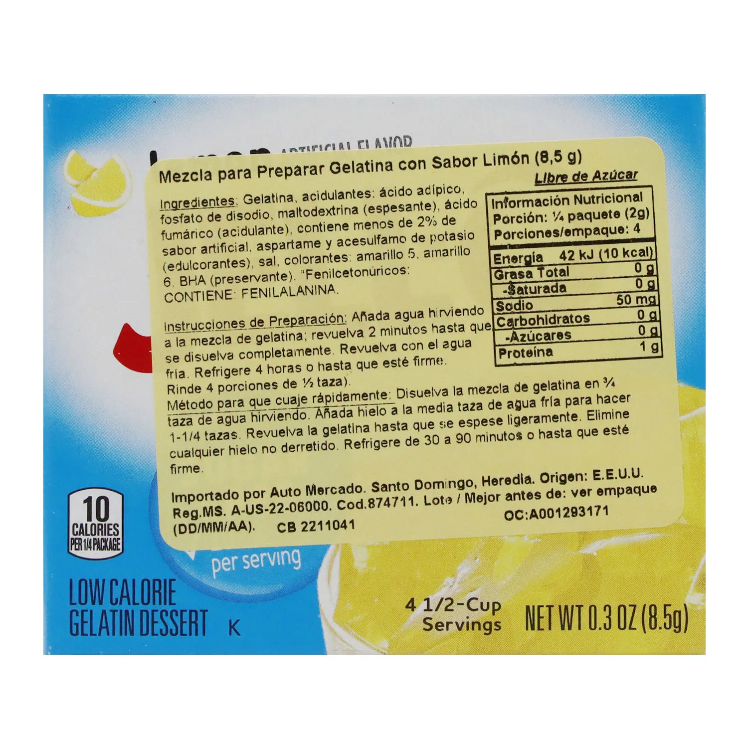 Gelatina Limon Sin Azucar  Jell-o Caja 8,5 G