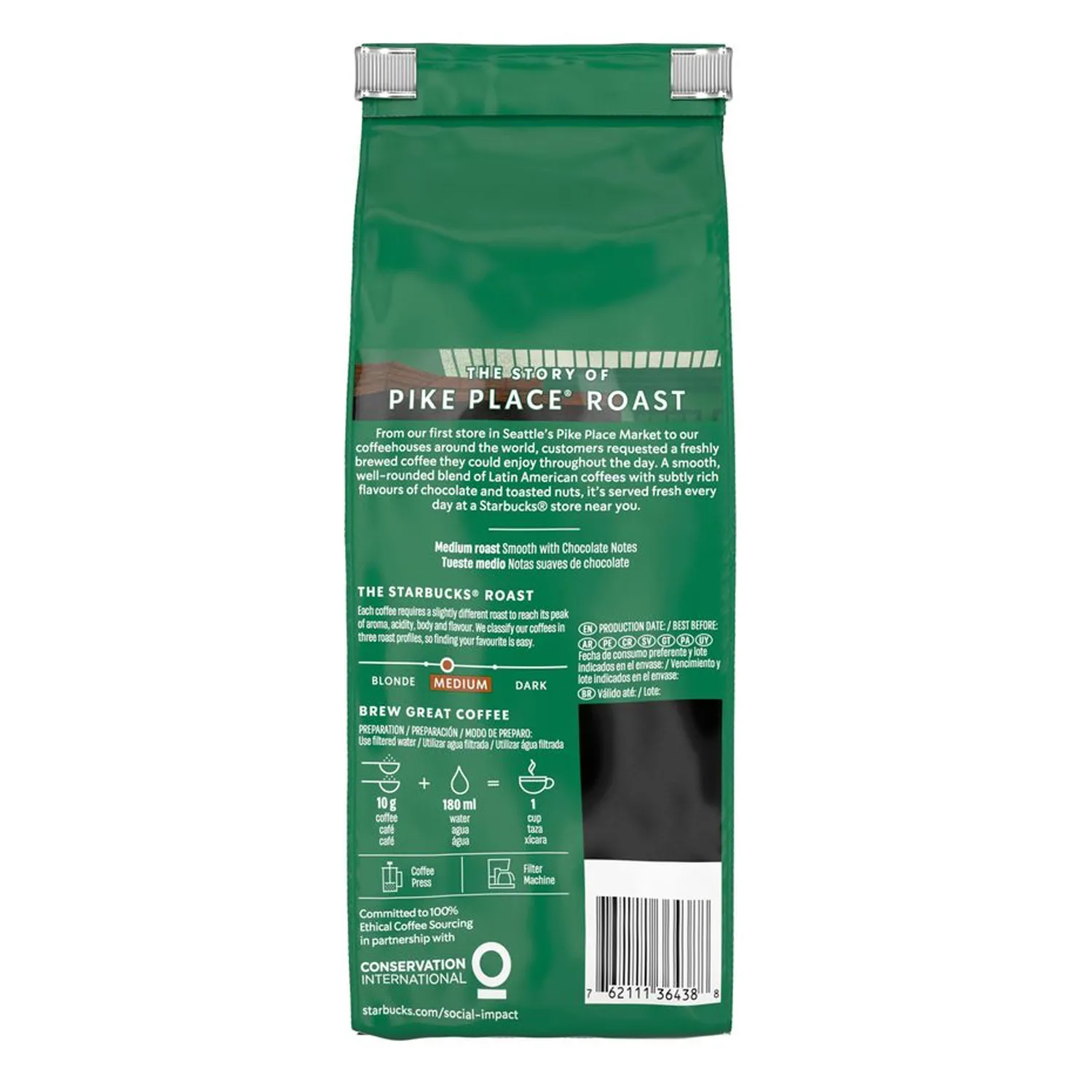 Cafe Molido Gourmet Tueste Medio Pike Place Starbucks  Paquete 250 G
