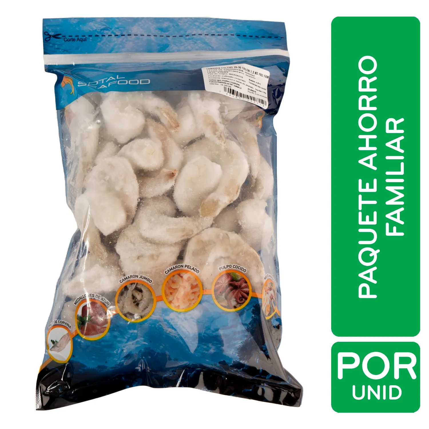 Camarón Cultivo 26/30 Tail On Paquete De Ahorro Familiar Bolsa 1300 Gramos