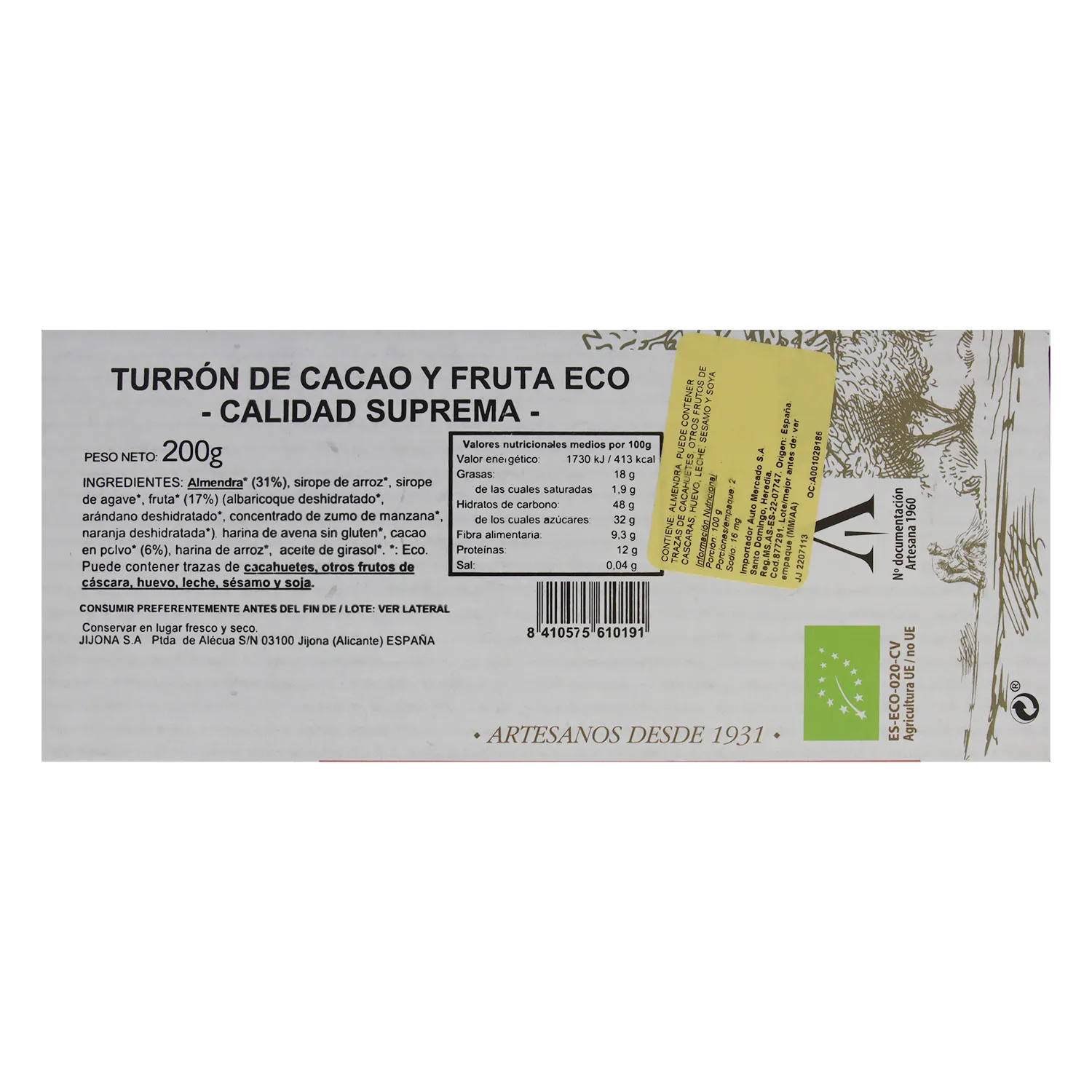 Turron Natural Cacao Frutas Vegano El Abuelo Caja 200 G