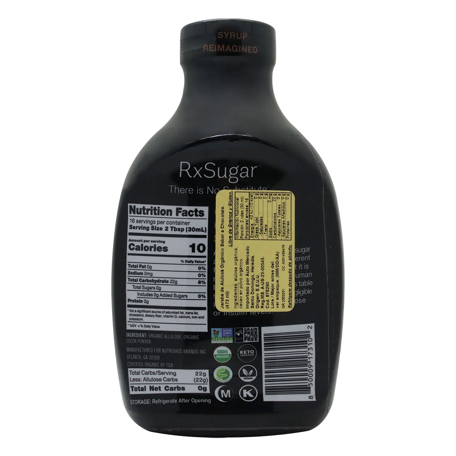 Sirope Pancake Chocolate Organico Endulzado Alulosa Rx Sugar Envase 473 Ml