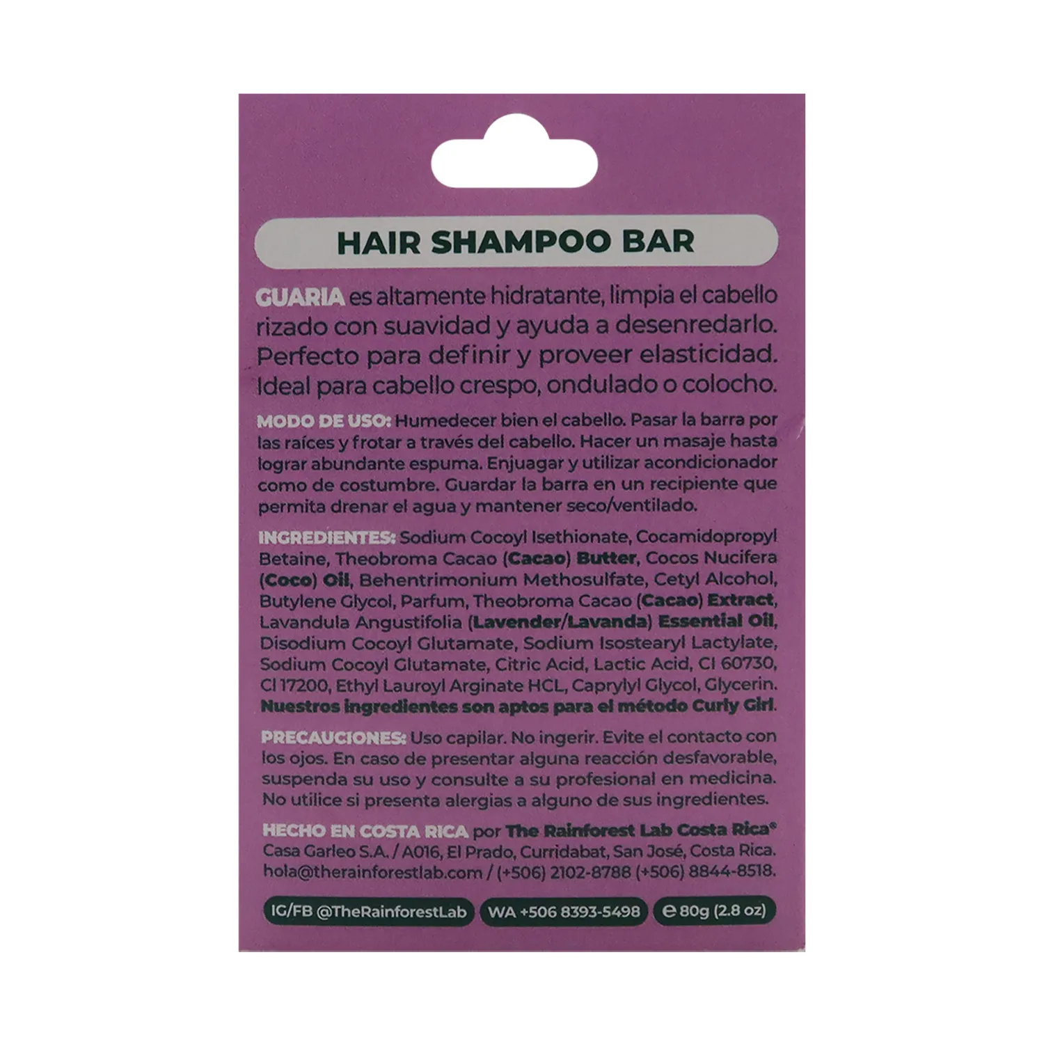 Shampoo Natural Guaria Cabello Rizado The Rainforest Lab Caja 60 G