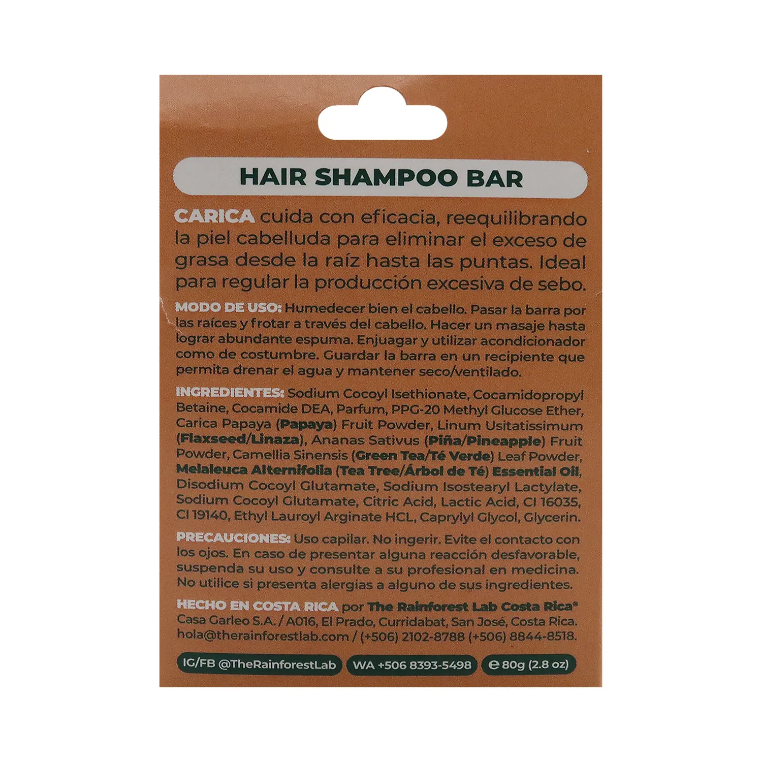 Shampoo Natural Carica Control Grasa The Rainforest Lab Caja 60 G