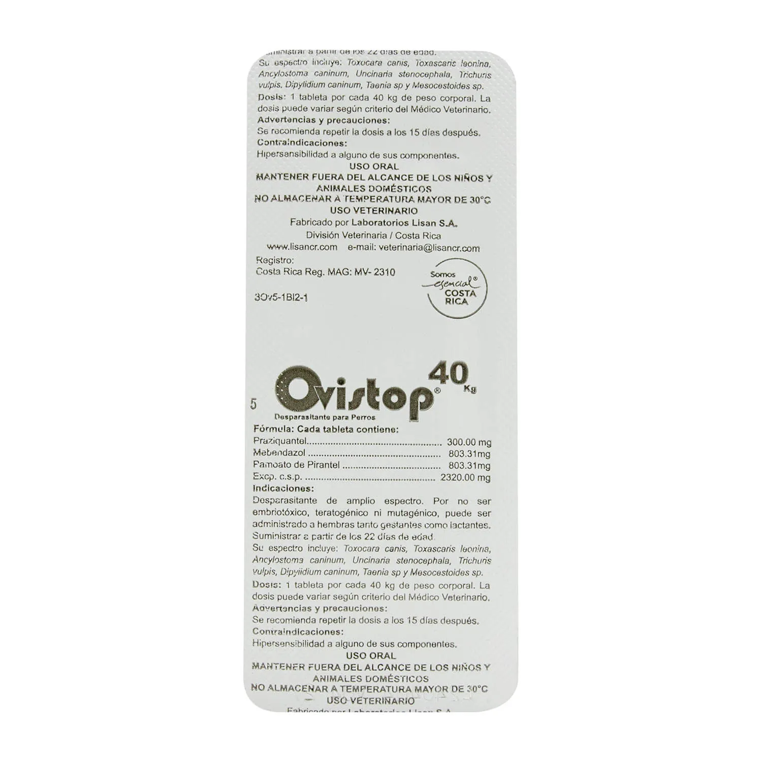 Desparasitante  Amplio Expectro Pastilla Perro 40 Kg Ovistop Lisan