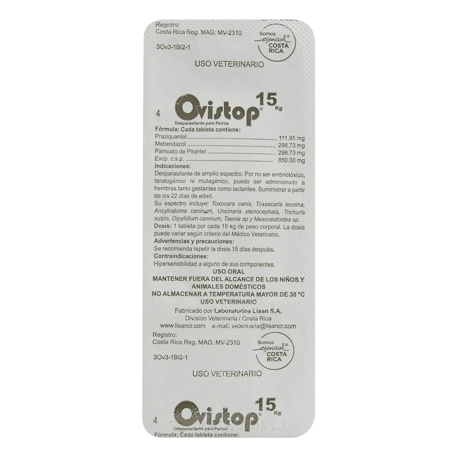 Desparasitante  Amplio Expectro Pastilla Perro 15 Kg Ovistop Lisan