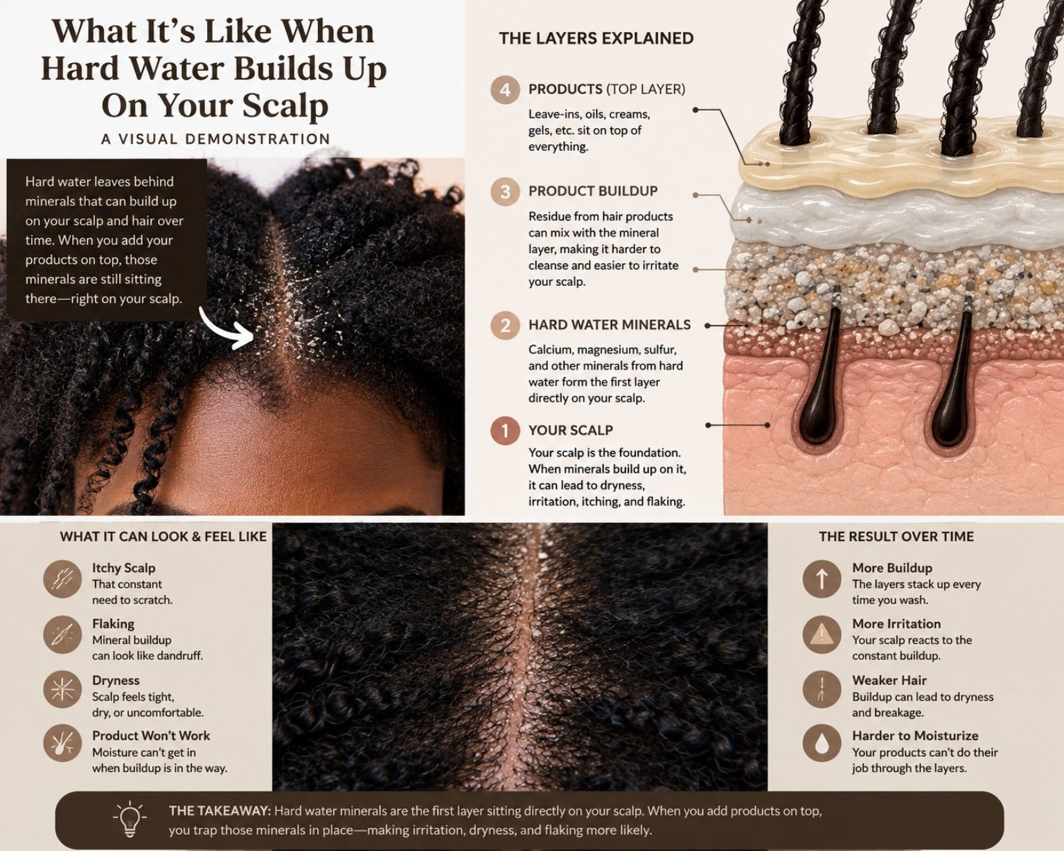 Infographic titled “What It’s Like When Hard Water Builds Up On Your Scalp” showing the layers explained (products, product buildup, hard water minerals, your scalp), what it can look and feel like (itchy scalp, flaking, dryness), and the result over time (more buildup, more irritation, weaker hair)