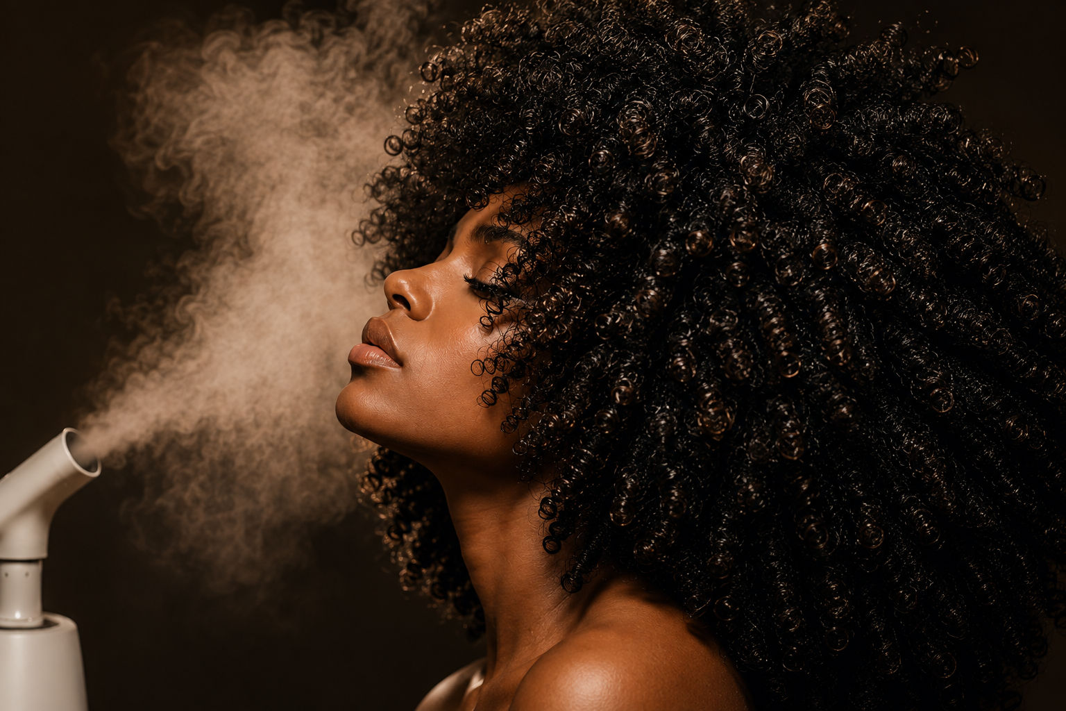 Woman with 4C hair using a hair steamer, steam visible around her hair.