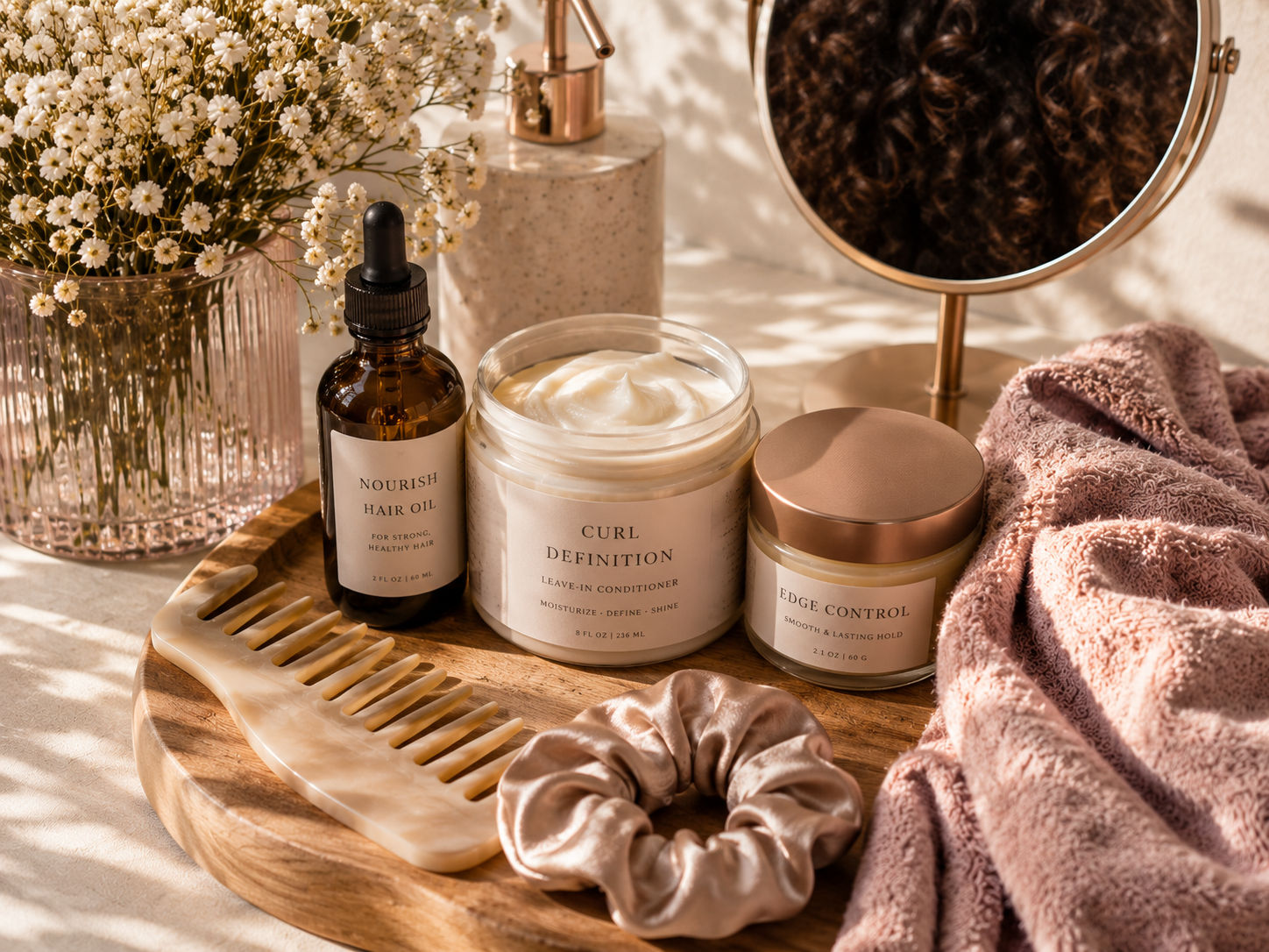 Amber glass dropper bottle, cream jar, and a folded towel styled on a warm neutral background