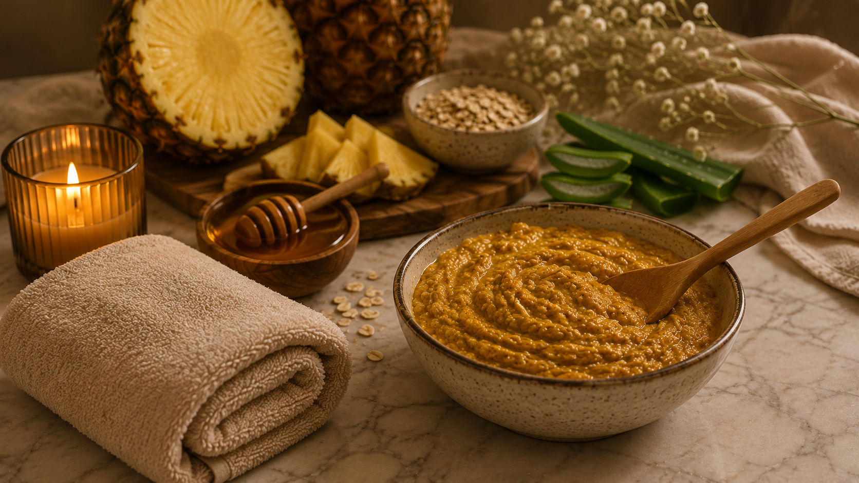 Pineapple Paradise mask ingredients styled on a wooden tray