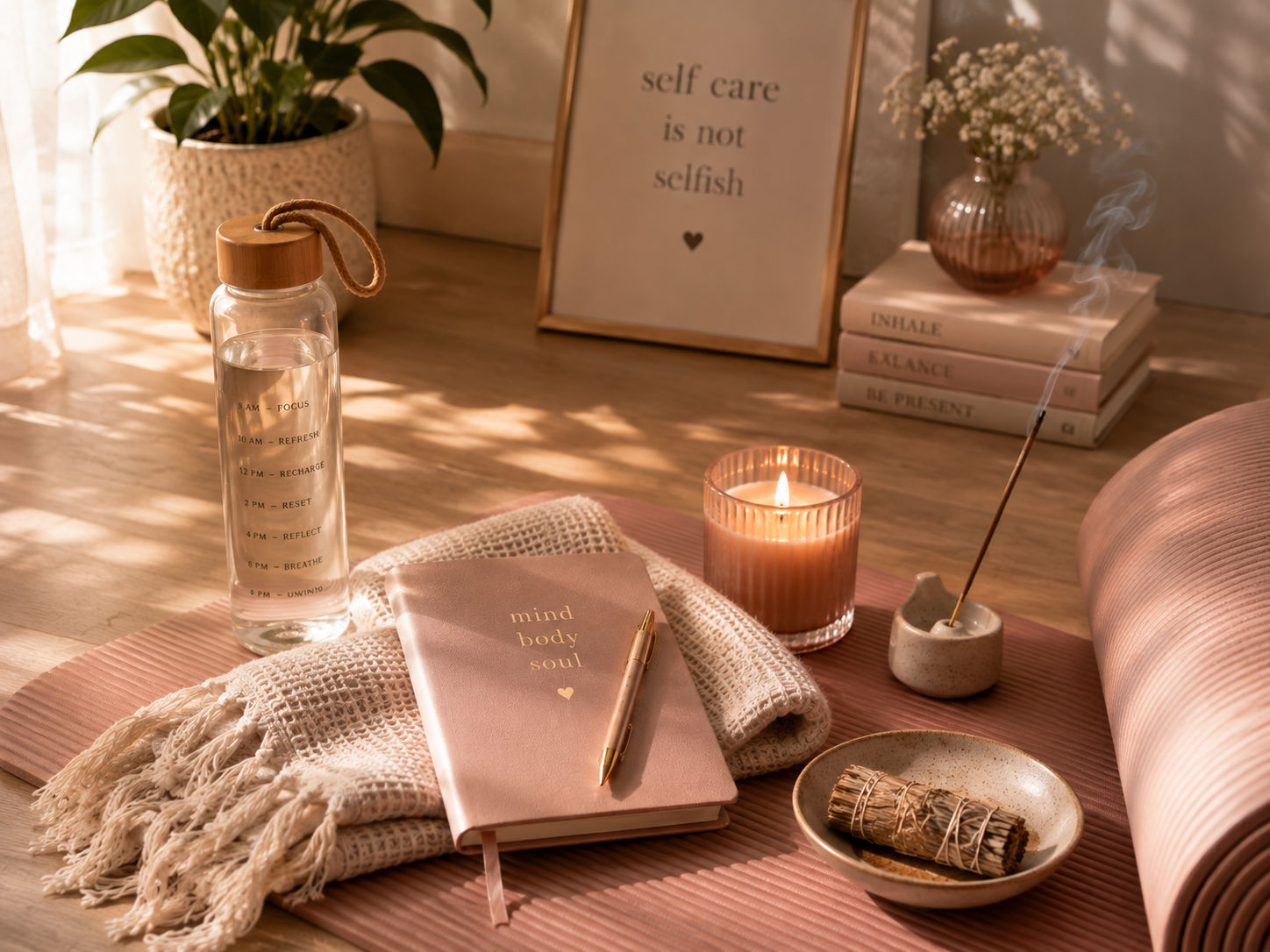 A potted plant, a lit candle, and a book reading “self care is not selfish” styled together