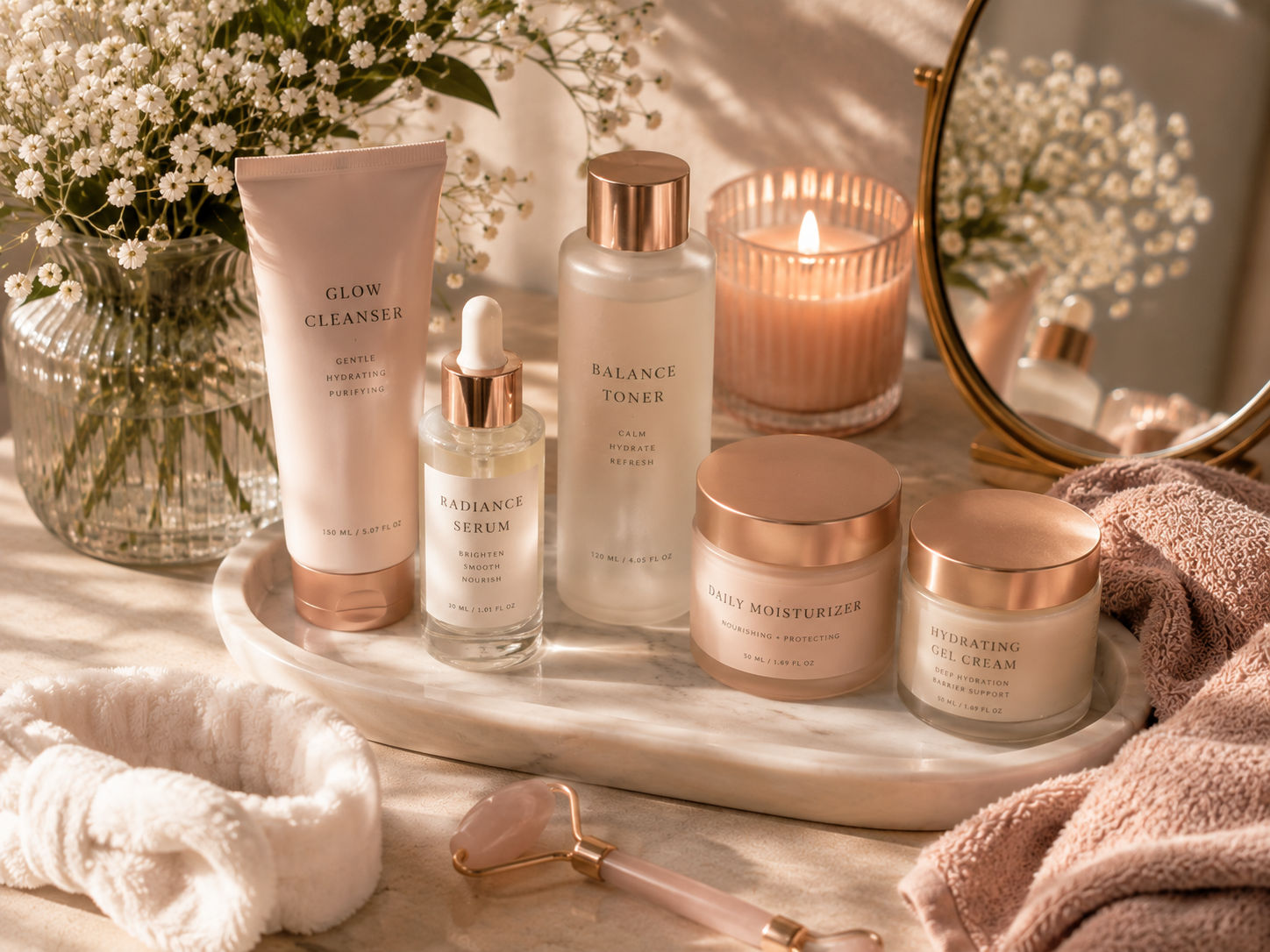 Skincare bottles and a lit candle arranged beside greenery on a warm neutral background