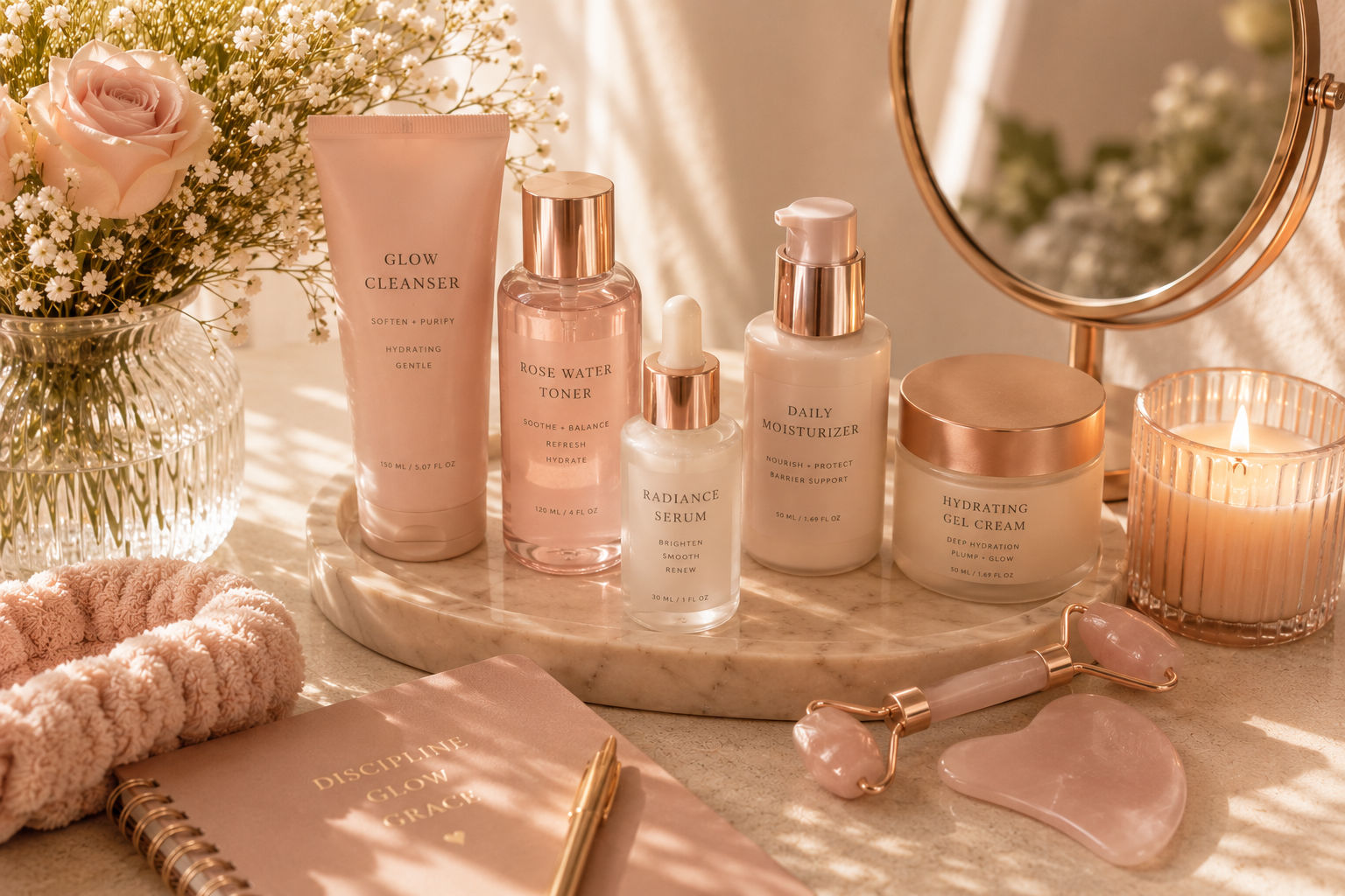 Skincare serums and creams with a gua sha face roller laid out on a soft surface with warm ambient lighting