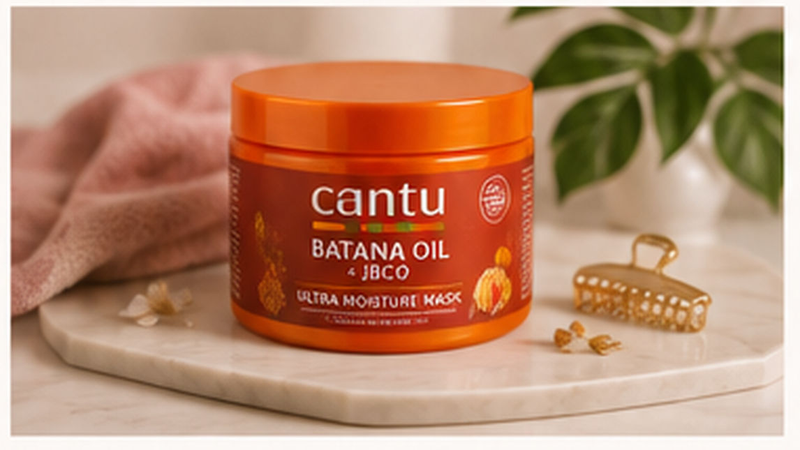 Cantu Ultra Moisture Mask with Batana Oil and JBCO orange jar on wooden tray with green plant