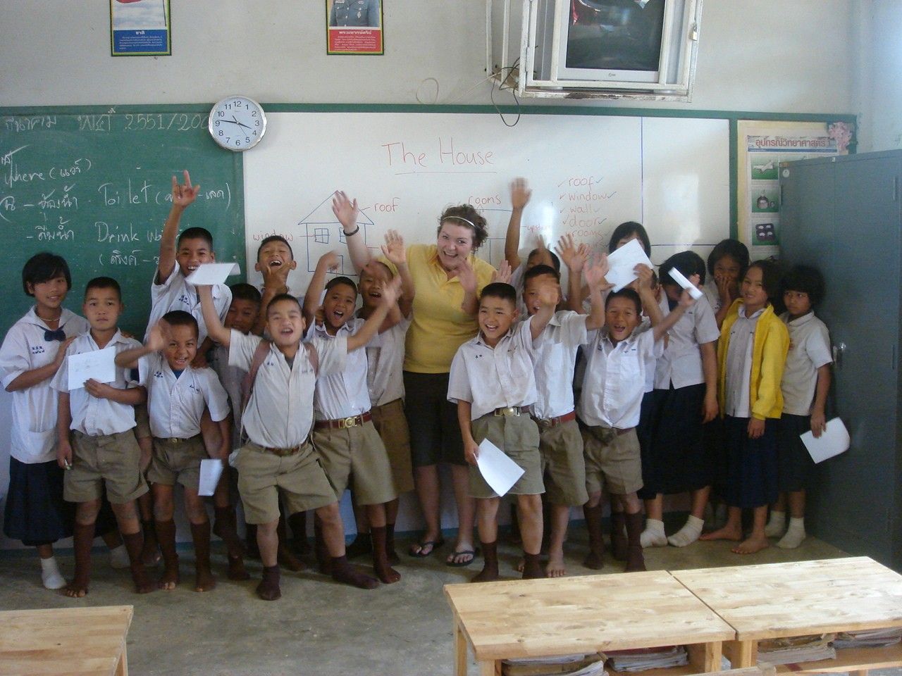 Children cheering in a Thai classroom