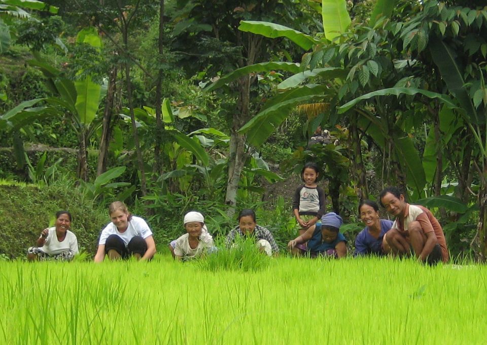 gap year volunteer helping in the rice fields in northern India