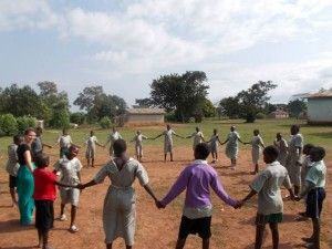 Katie teaching at Ibaako School in Uganda with AV