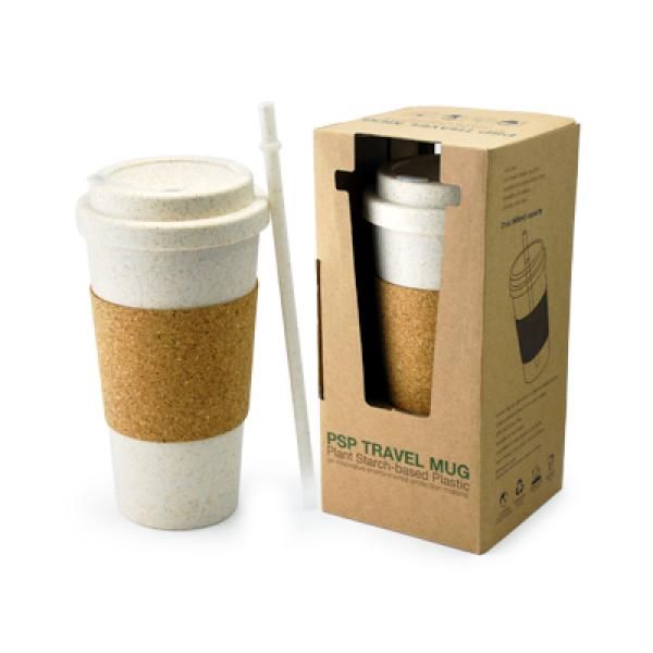 PSP Ice Beverage Travel Mug With Cork Sleeve & Straw Household Products Drinkwares Best Deals CLEARANCE SALE UMG1502Wht