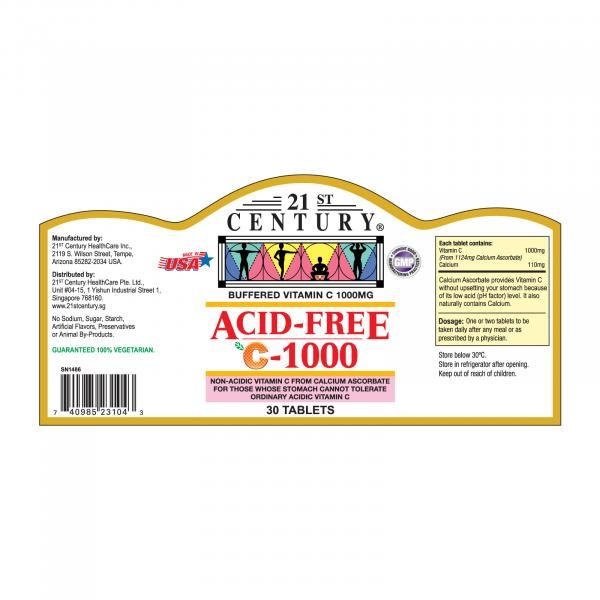 21st Century 30's Acid-Free Vitamin C 1000mg Food and Drink Supplies 2.LABEL-AcidFreeC1000mg30sSHS1001