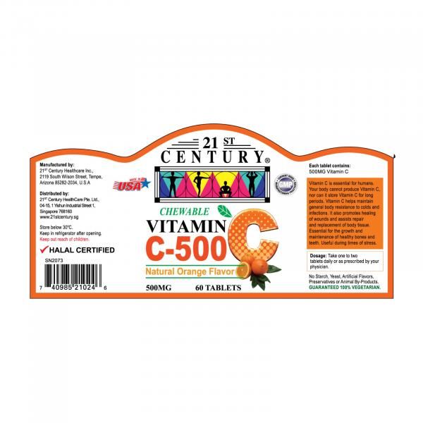 21st Century 60's Vitamin C 500 mg Orange Chewable Food and Drink Supplies 4.LABEL-VitaminC500mgOrangeChewable60sSHS1003