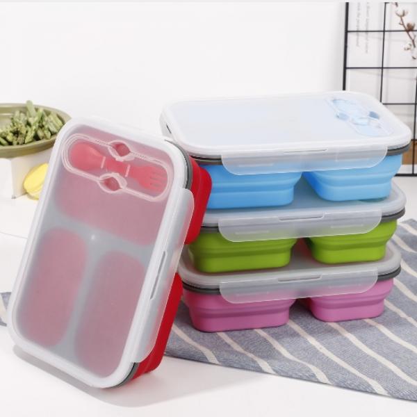 Collapsible Lunch Box 3 Compartment with Forkspoon Household Products Kitchenwares Eco Friendly HKL1020-1