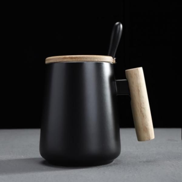 Ceramic Mug with Wooden Handle Lid & Spoon Household Products Drinkwares New Products HDC1073-BLK