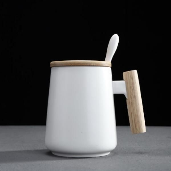 Ceramic Mug with Wooden Handle Lid & Spoon Household Products Drinkwares New Products HDC1073-WHT