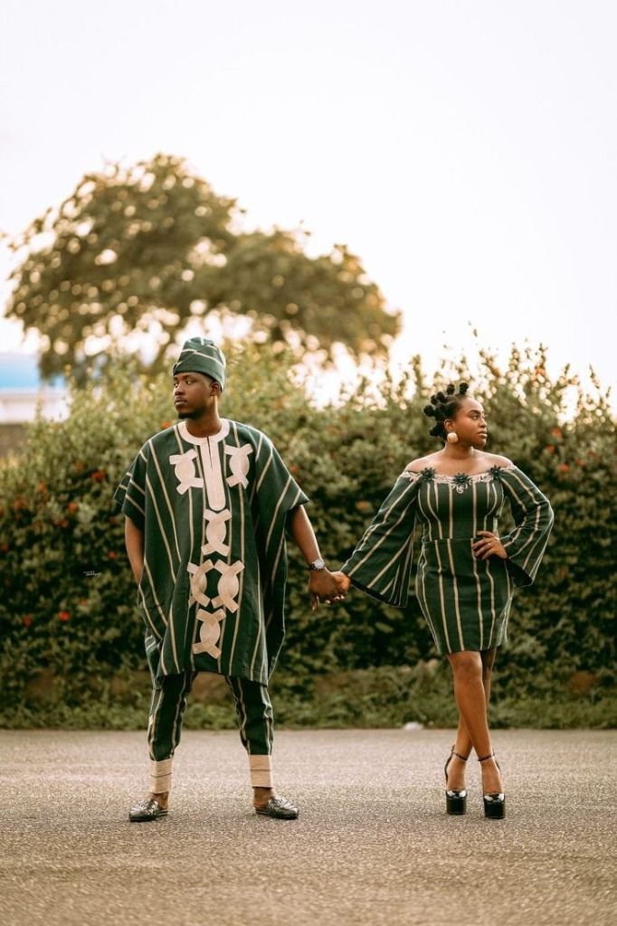 Forest Green Striped Aso Ebi Couple Suite