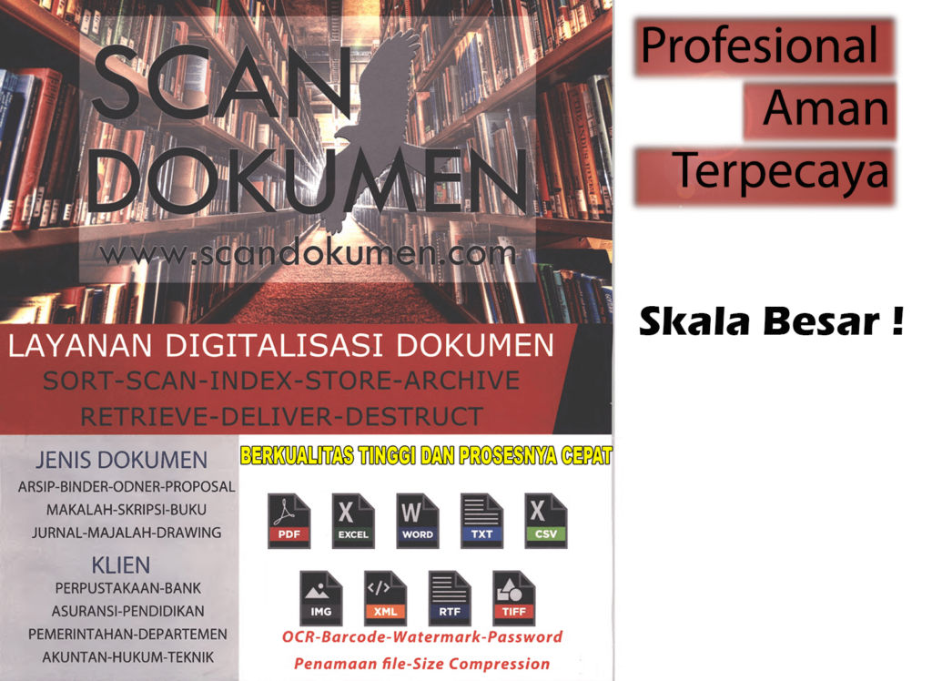Jasa Scan Dokumen Profesional di Jakarta 1 1 kami dari Jasa Scan Dokumen Profesional Di jakarta memberikan layanan Jasa Scan dokumen sudah banyak membantu klien-klien dari berbagai industri di indonesia. Saat ini kami beroperasi di jabodatabek. Kami memiliki staff ahli yang siap menjemput dokumen anda ataupun melakukan proses scan di kantor anda. Jasa Scan Dokumen
