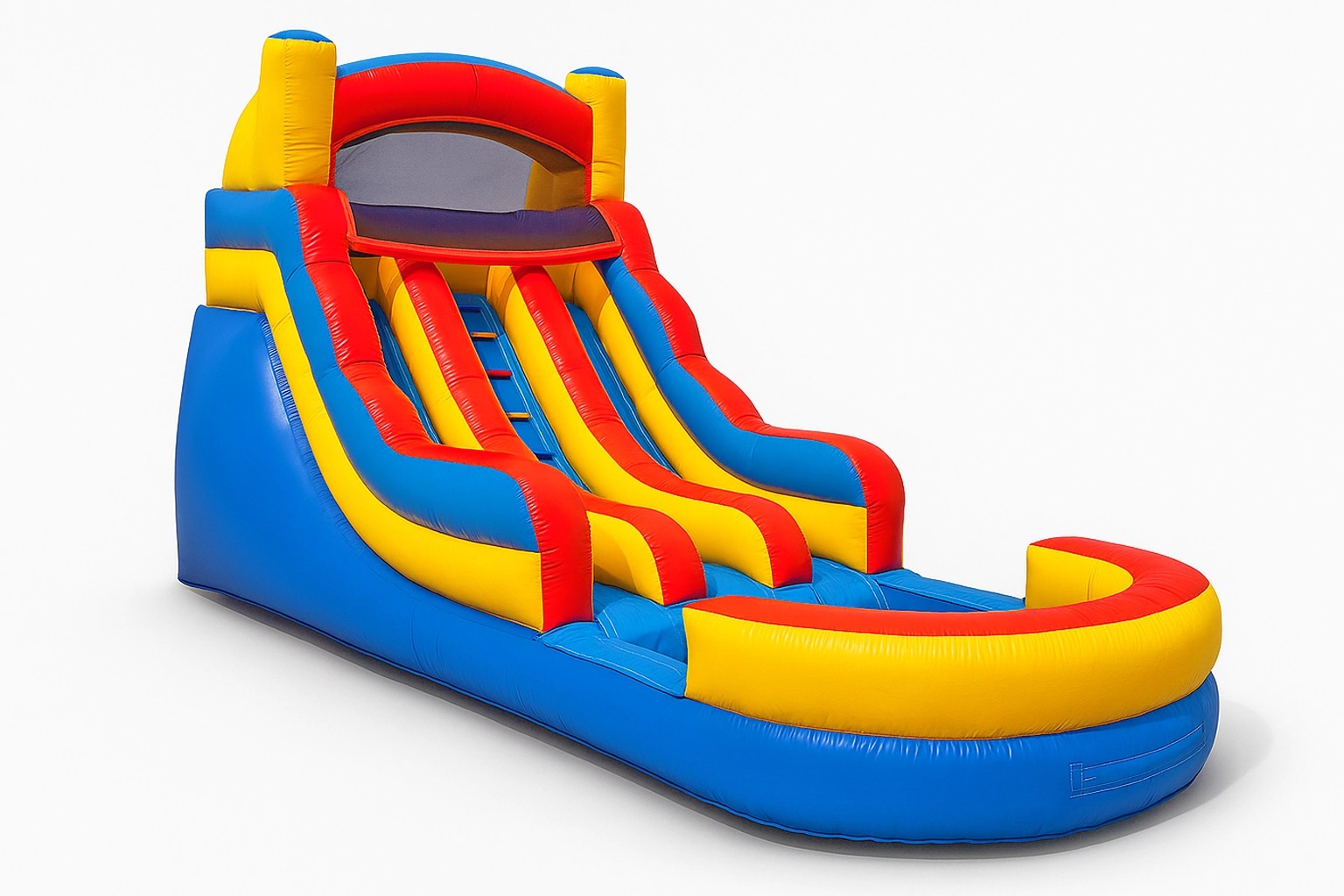 Front three-quarter studio view of the Red Dual Lane Splash Water Slide with twin lanes and splash pool.